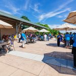 Senior citizens are socializing on the patio at Eastern Henrico Recreation Center.