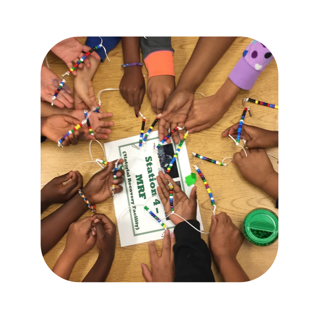 photo of several children's' hands holding strings of beads in a circle over a wooden table