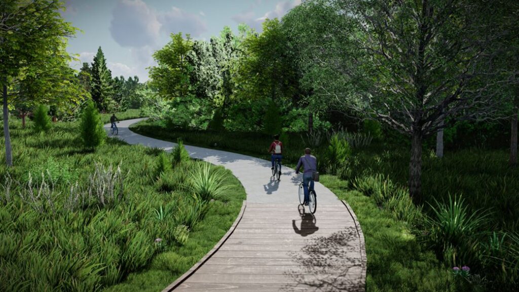 Trail rendering of Glover Park. People walking along an imaginary trail.