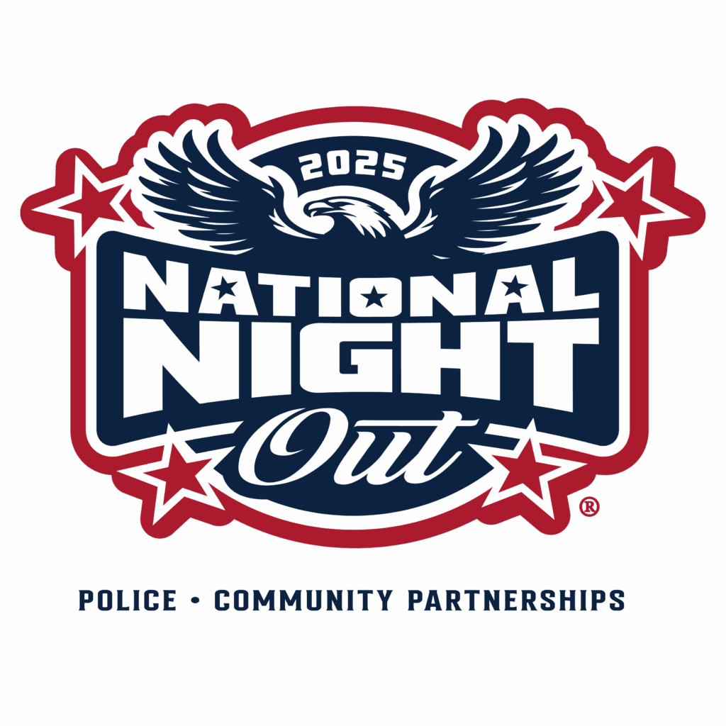 A red, white, and blue logo in the shape of an eagle and stars. Text within the logo reads "2025 national night out." underneath the logo is plain text that reads "Police - Community Partnerships"