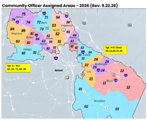 Map of Henrico County showing the various Community Policing Officer assigned to specific areas of the county.