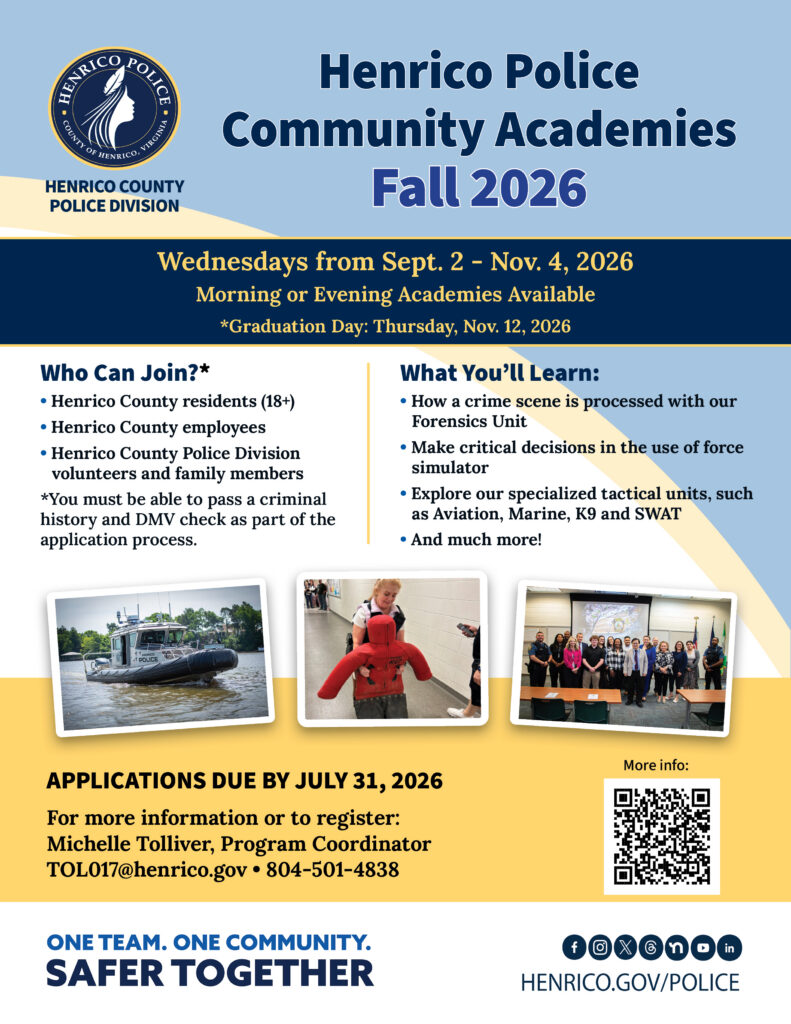Flyer for Henrico Police Community Academies Fall 2026 offering morning and evening sessions from Sept 2 to Nov 4 with application deadline July 31.