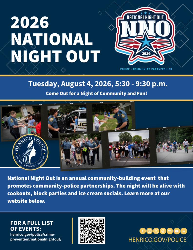 2026 National Night Out invitation showing police engagement, event date August 4, and event list info.