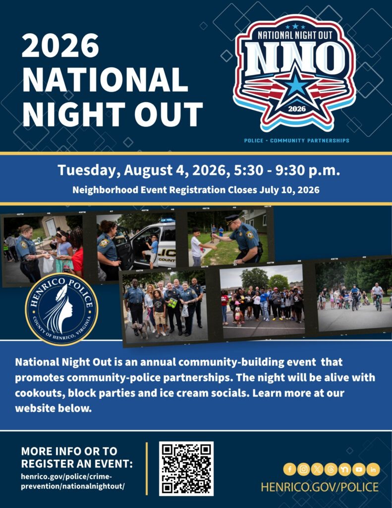 2026 National Night Out invitation showing police engagement, event date August 4, and neighborhood registration info.