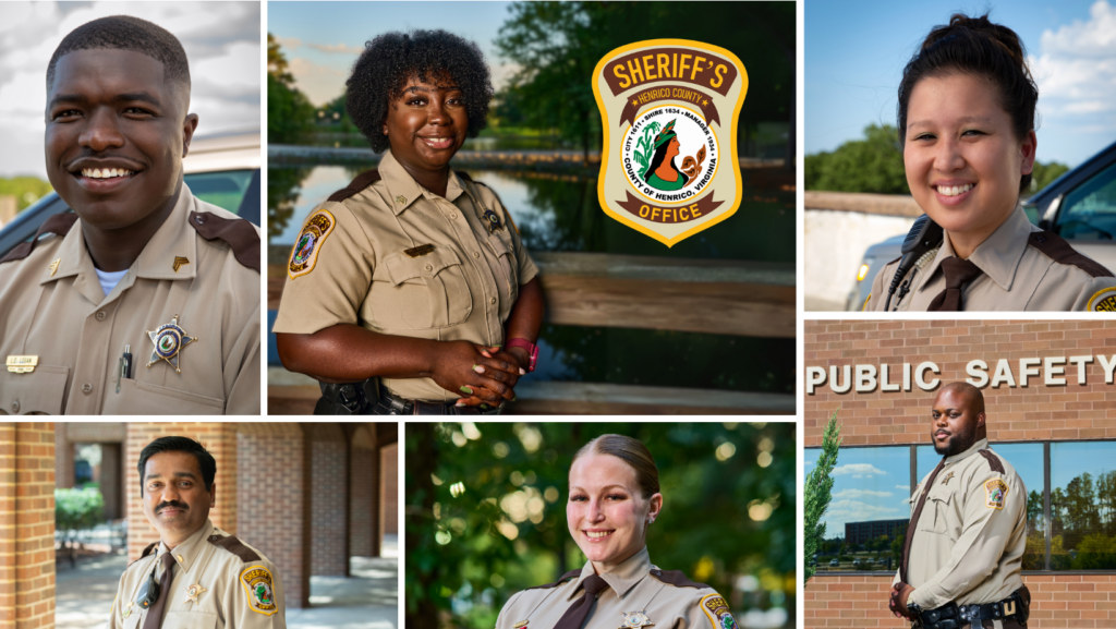 Six portraits of sheriff's office deputies in uniform, some outdoors near water and public safety buildings, showcasing diversity and professionalism.
