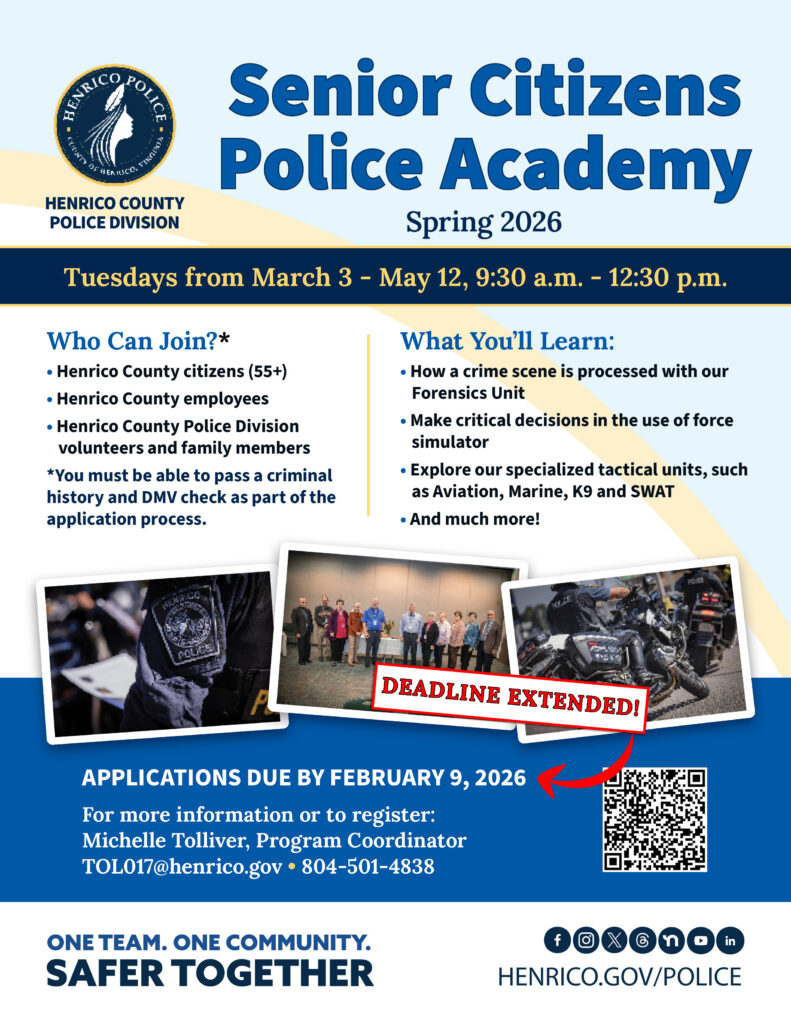 Flyer for Henrico Police Senior Citizens Academy Spring 2026, classes Tuesdays 9:30 a.m. to 12:30 p.m. from March 3 to May 12.
