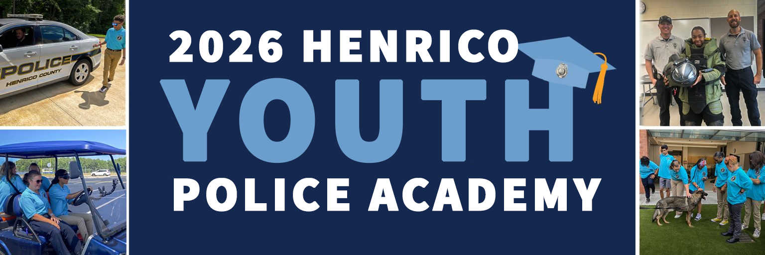 Group of young participants in blue shirts engaging with police officers. 2026 Henrico Youth Police Academy logo.