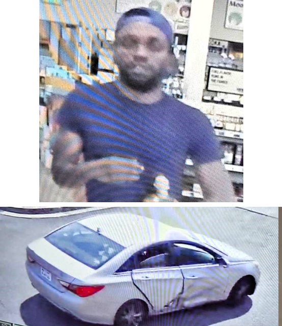 A split image of a man wearing a blue/black tshirt and a backwards baseball cap holding a bottle of liquor. Underneath that image is a image of a white sedan car with damage to the passenger side doors.