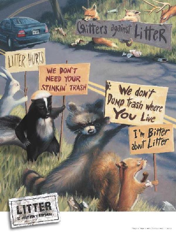 Cartoon image of wild animals holding anti-litter signs along the roadside while a car drives by.