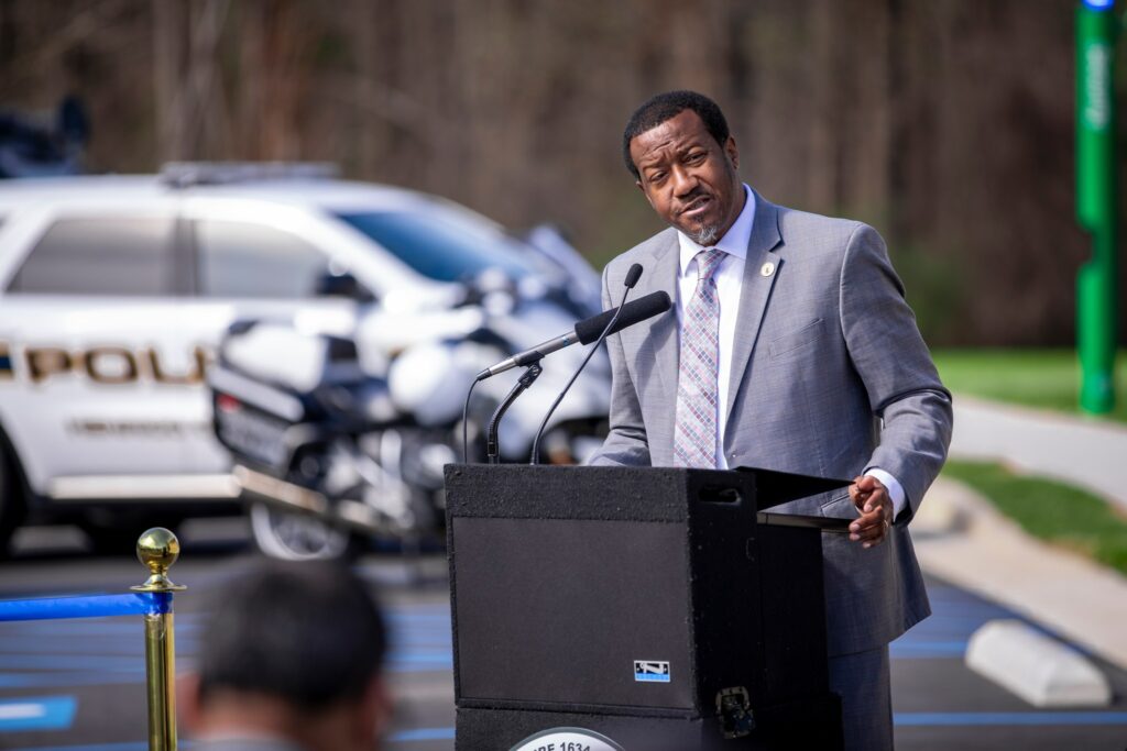 Varina District Supervisor Tyrone Nelson stands at a podium
