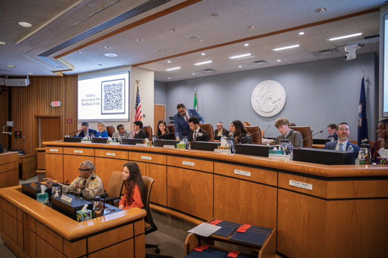 High school students participate in a mock Board of Supervisors meeting for Student Government Day.