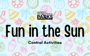 Blue background with summer icons and "Fun in the Sun" text. 