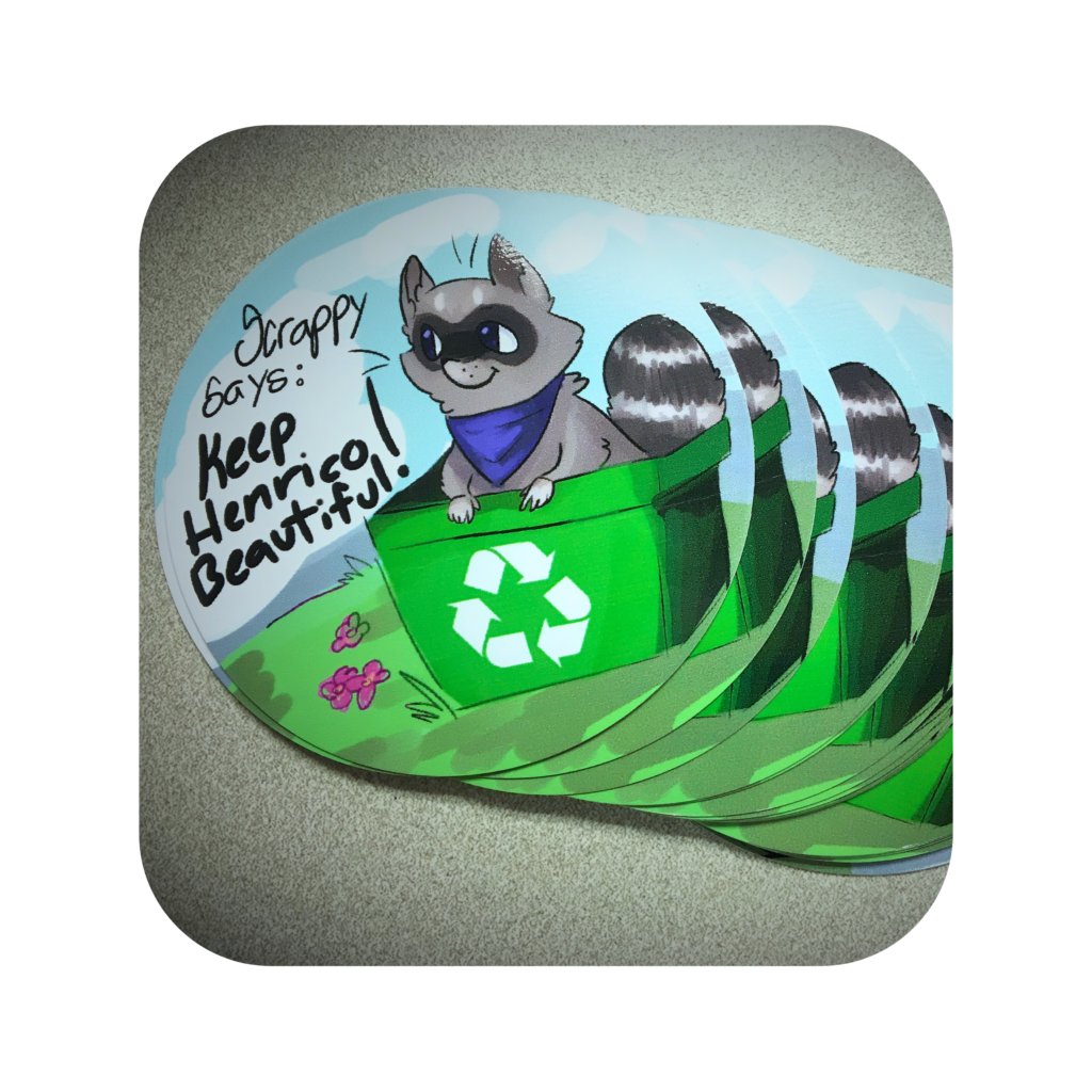 photo of a stack of stickers with a cartoon raccoon sitting in a recycling bin with a text bubble that says Scrappy says: Keep Henrico Beautiful!