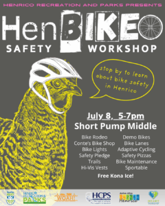 Event title with list of activities. Chicken wearing a helmet. Sponsor logos