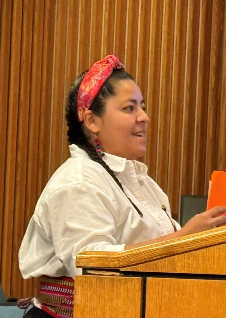 A woman speaks at a lectern in a meeting room.
