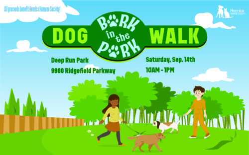 Bark In The Park Logo with trees, and two people walking dogs on leashes.