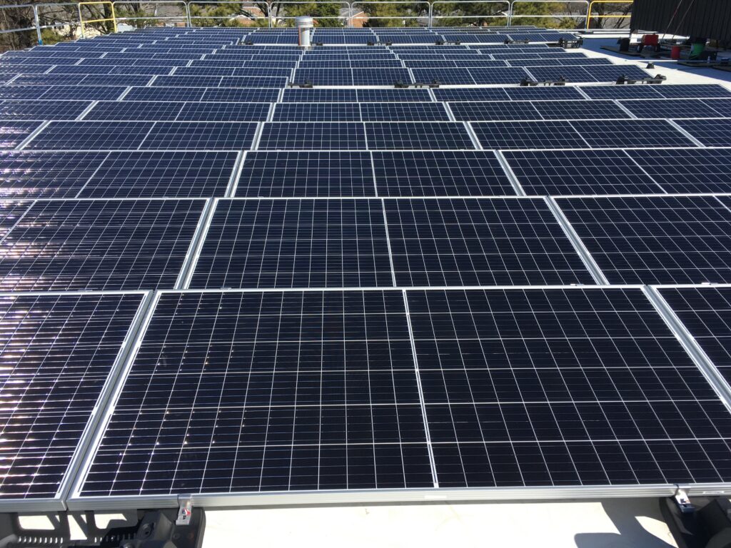 Rows of dark blue solar panels on a roof.