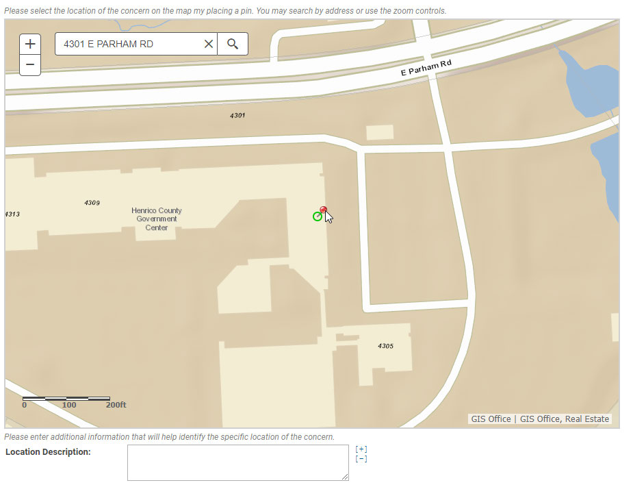 Pin on map, showing location of complaint