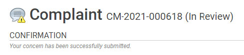 Confirmation screen, showing that complaint has been submitted.