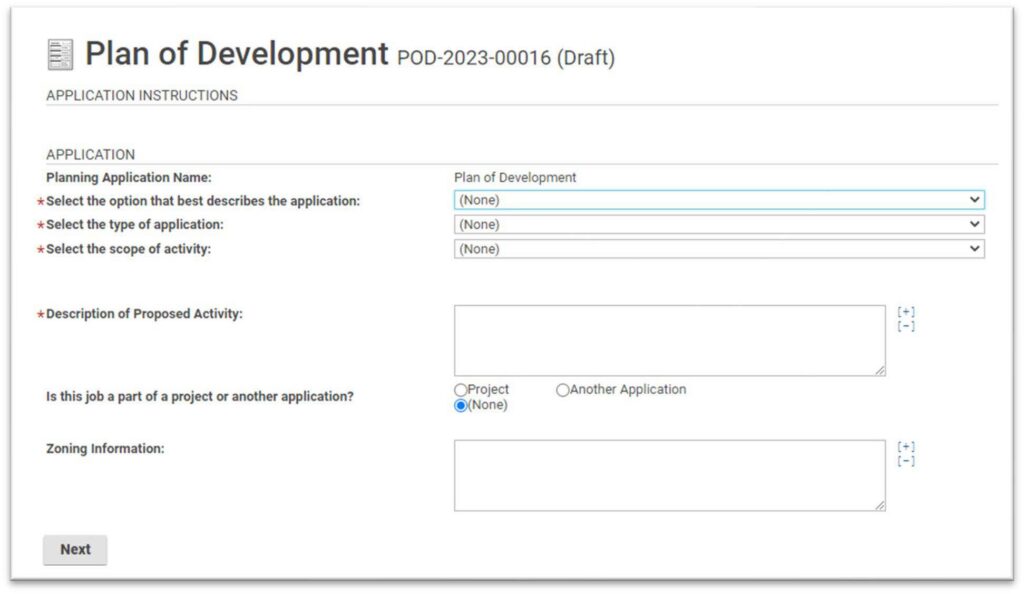 Fill in information about the application.