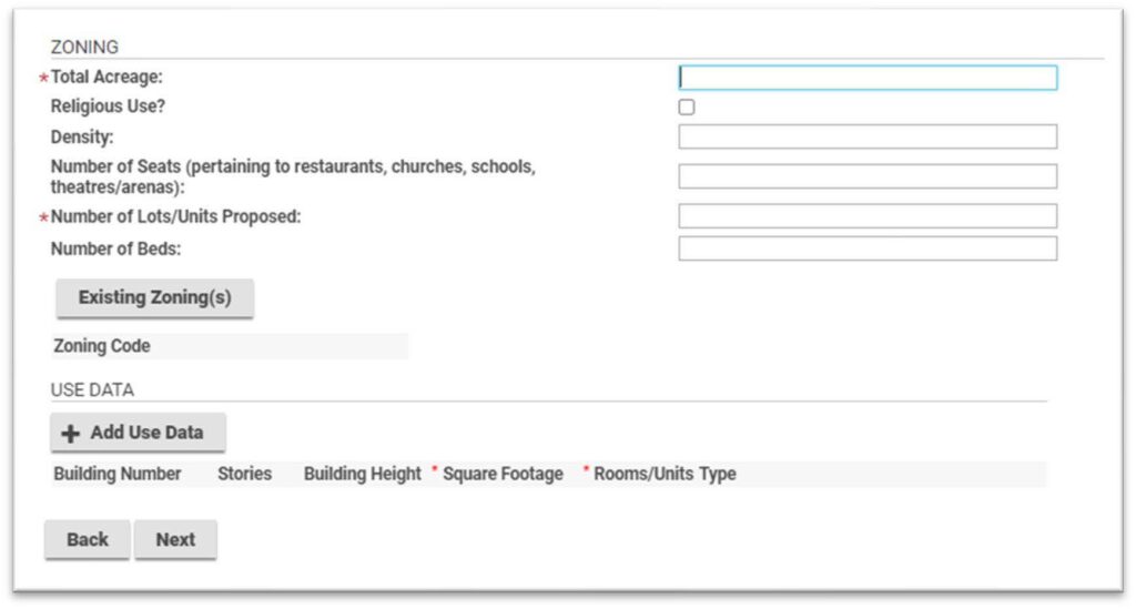 Enter zoning and use data information.