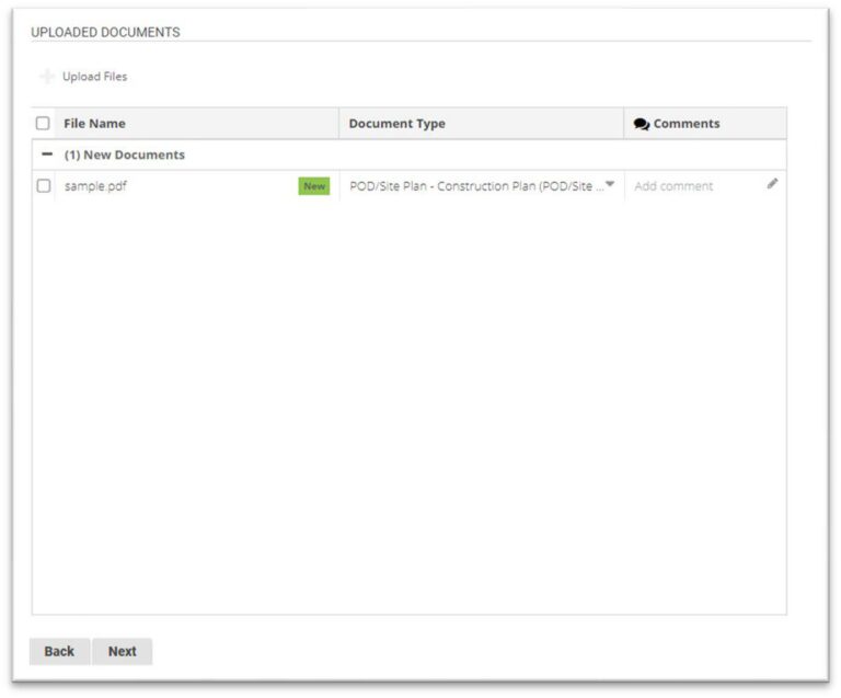 Upload documents, choosing a document type for each (e.g., POD site plan, etc.)