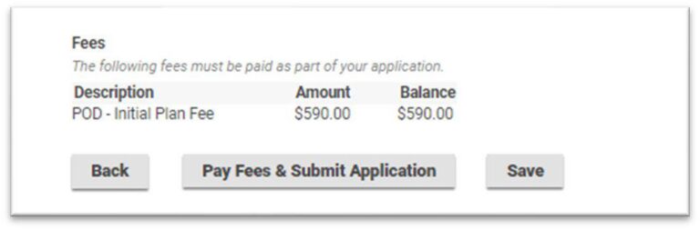 Fees are shown. Choose to Pay Fees and Submit Application, or go Back, or Save your work.