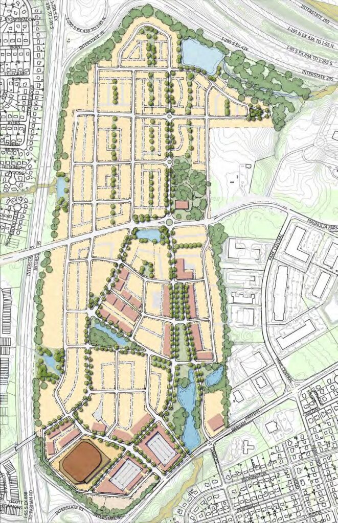 A detailed layout map of a planned community featuring a grid of streets, residential blocks, and green spaces. Trees line the streets, and there are several small ponds and open areas throughout. At the bottom left, there is a sports complex with fields and buildings. The area is bordered by existing roads and residential areas, with a highway at the top.