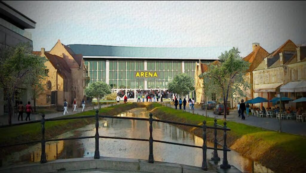 Rendering of an arena in a urban area.