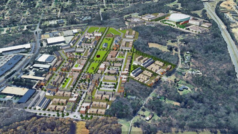 Aerial rendering of a large urban development plan featuring numerous buildings and green spaces nestled within a wooded area. The project is surrounded by roads and existing developments, with a prominent arena visible nearby.