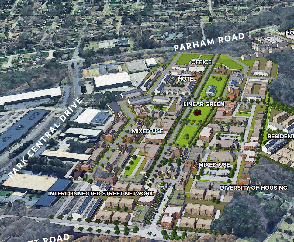 This image is an aerial depiction of a planned mixed-use development near Parham Road and Park Central Drive. It includes labeled areas for hotels, offices, mixed-use spaces, a linear green, a diversity of housing, and an interconnected street network.