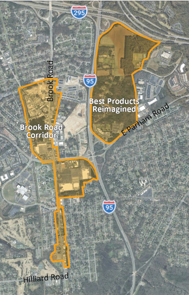 Map showing highlighted areas for the Best Products Reimagined properties and those along the Brook Road corridor.