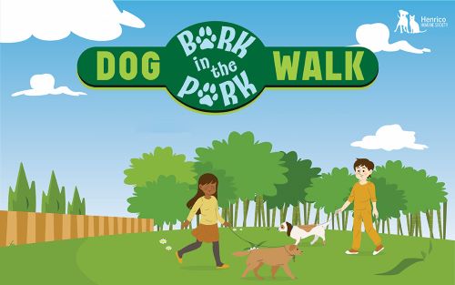 Bark in the Park-title-web Graphic includes the Bark in the Park Dog Walk Logo, the Henrico Humane Society Logo, and a graphic with two people walking their dogs on a leash in the park.
