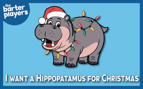 Cartoon image of a hippopotamus with a Santa hat and Christmas lights. Title is I want a Hippopotamus for Christmas.