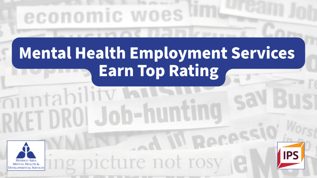 An announcement that mental health employment services have earned a top rating. The text is presented against a background showing newspaper headlines relating to employment and the economy.
