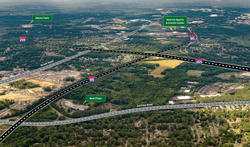 Aerial photograph of the Best Products Reimagined site and surrounding developed and undeveloped properties along the Interstate 95 corridor. Marked locations include Best Plaza, the Henrico Sports and Events Center and Glover Park.