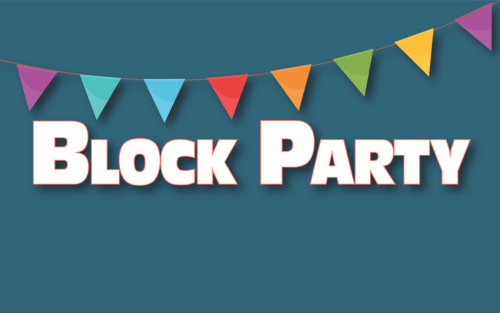 Words: "Block Party" with colorful banner across the image.