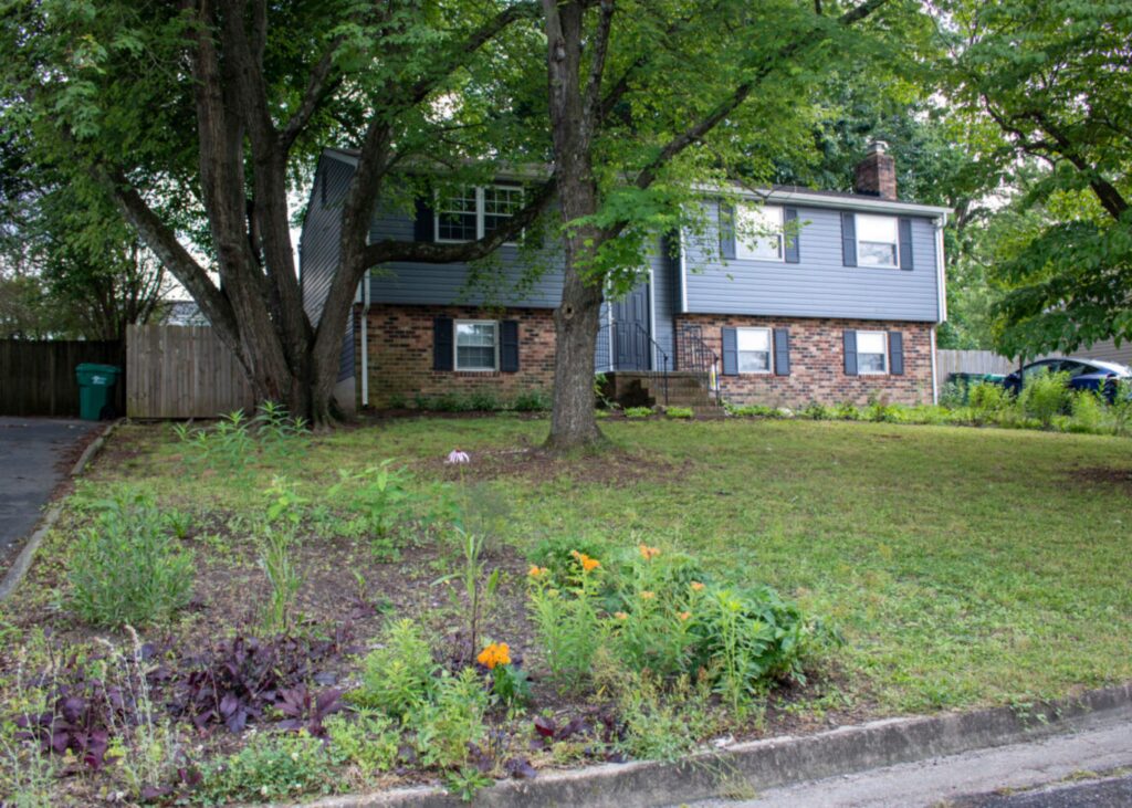 photo of a house with a large tree and garden bed in the front yard.