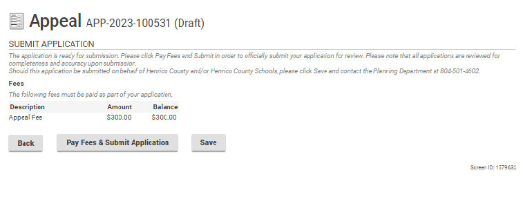 Pay fees and submit the application, or go back, or just save your work.