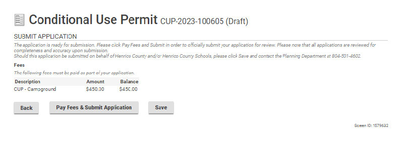 Pay fees and submit the application, or go back, or just save your work.