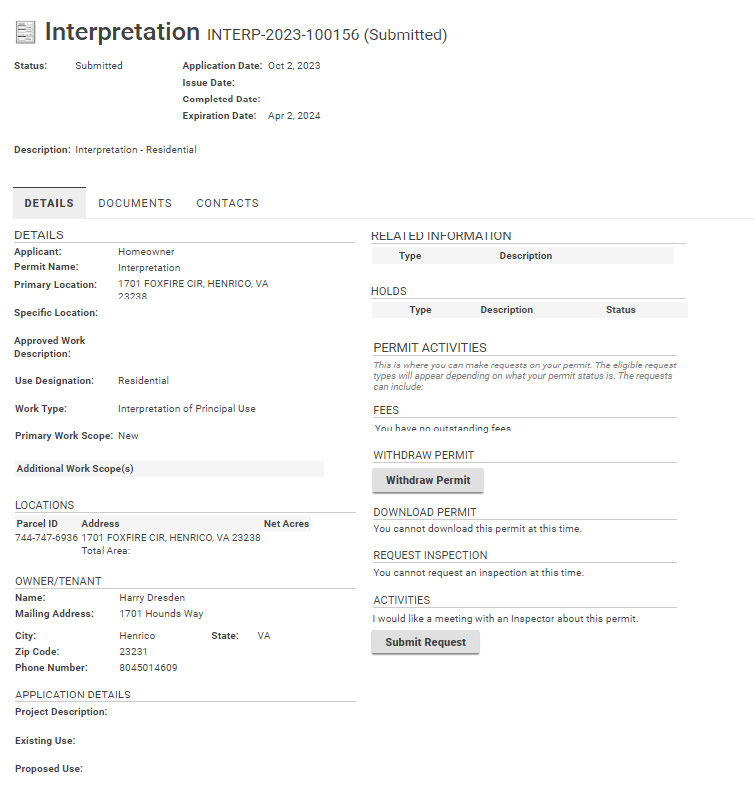Details of submitted permit.