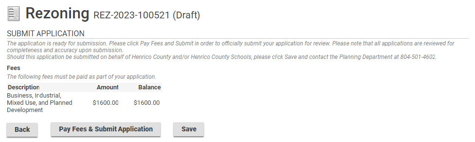 Choose to go back, or pay fees and submit the application, or save your work for later.