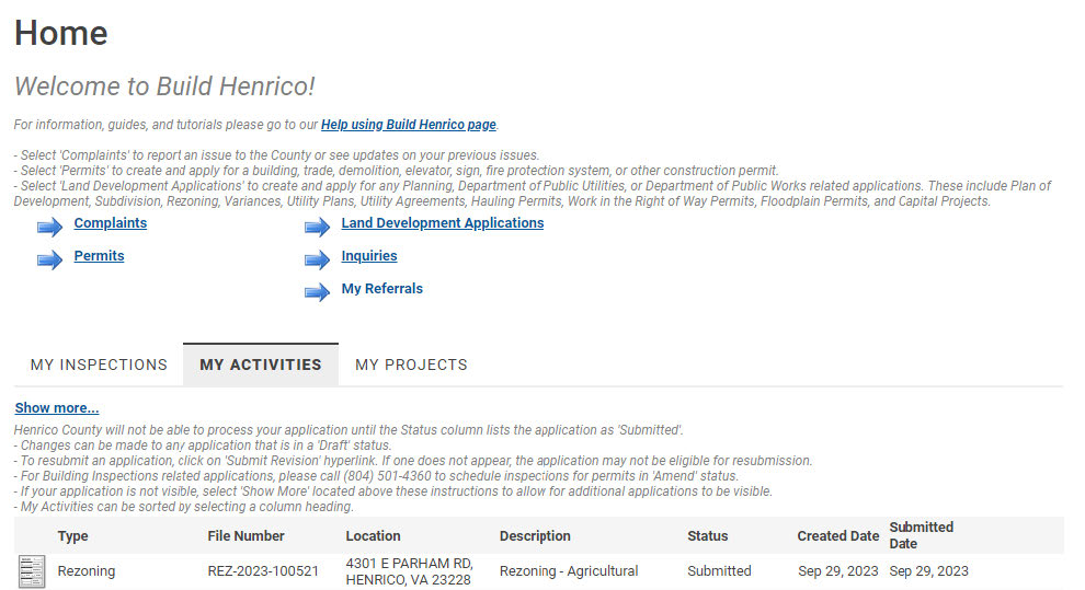 The application should appear in the My Activites tab.