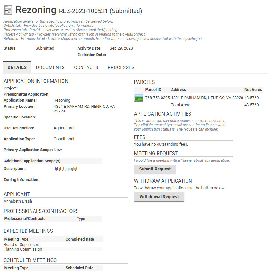 Choose an application to see its details. You can also choose to submit a request for a meeting, or to withdraw your application.