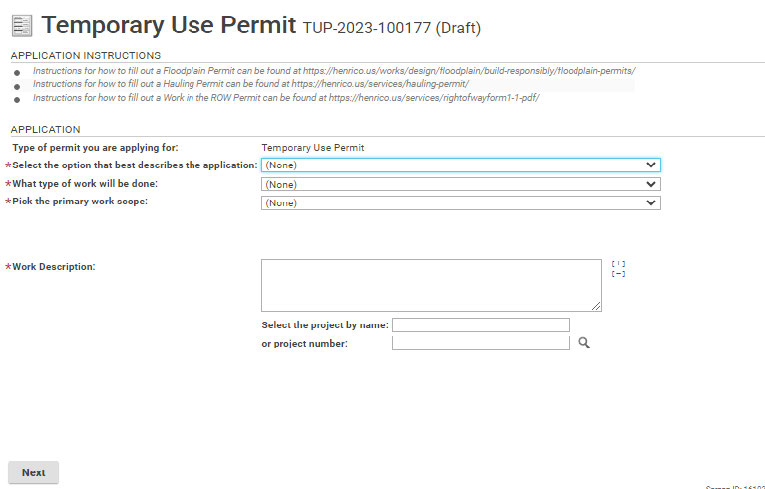 Fill in fields for Temporary Use Permit.