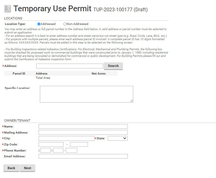 Enter an address or partial address and Search. Enter owner/tenant information.