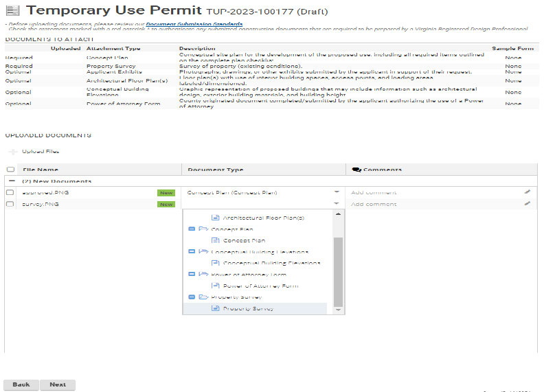 Choose a category for each document (Concept Plan, Property Survey, or whatever is applicable).