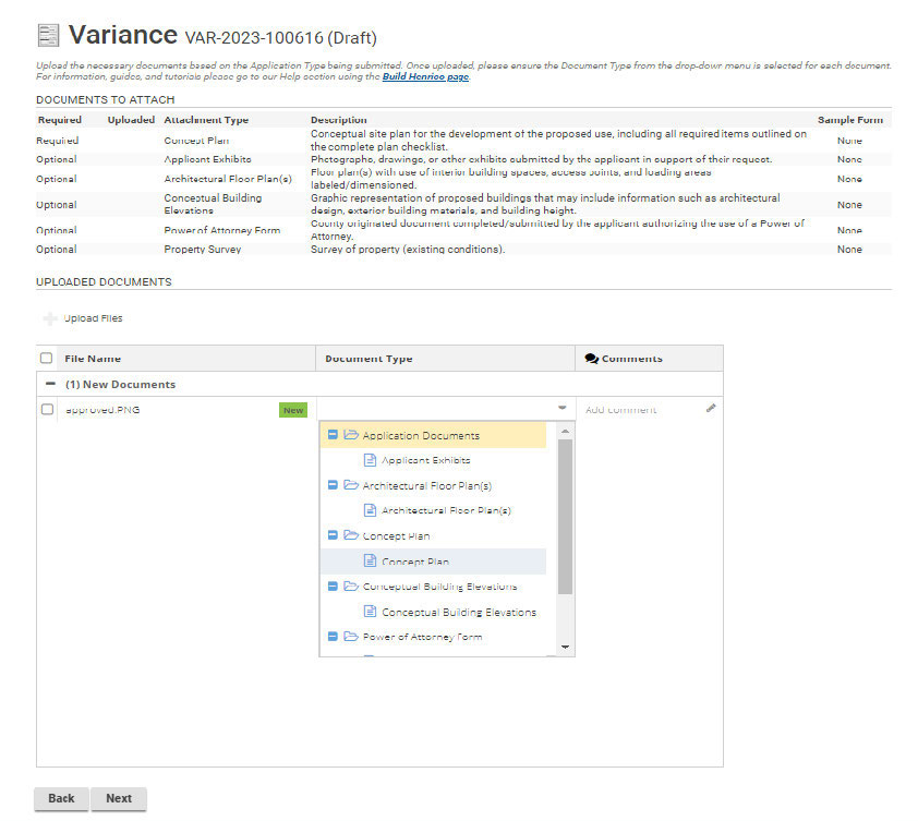 Choose the document types: concept plan, etc.