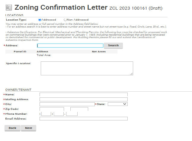Enter an address or partial address and choose Search. In the results, choose one or more of the parcels.