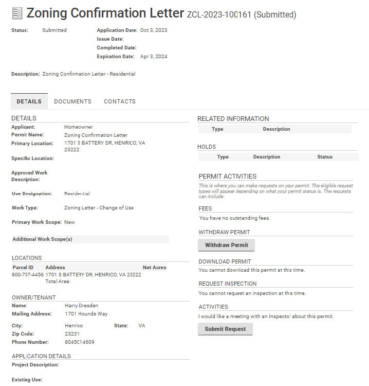 Details of the application.